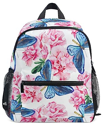 Ryggsäck för småbarn för pojkar/flickor söta barn förskola skola skola bok väska resa dagväska med bröstband rosa azalea och blå fjärilar, flerfärgad, Small