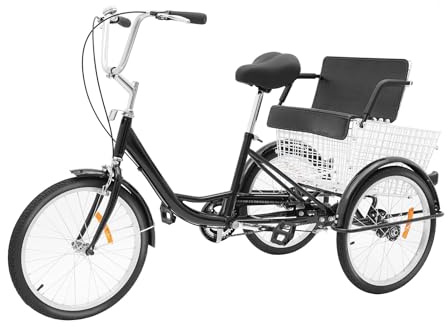 XUEMANSHOP 20 tums trehjuling vuxna med korg och barnstol, en växel 3-hjuls cykel, justerbart styre sadel seniorer vuxen trehjuling