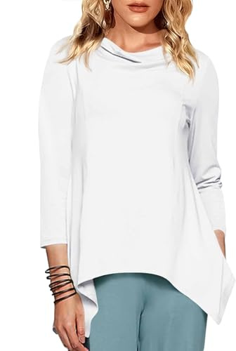 Fisoew Mujer Camisetas Manga 3/4 Manga Larga Tops Cuello Redondo Camiseta Larga Elegante Casual Cuello Cascada Básica Tops Camisas Asimétricas, Blanco, M