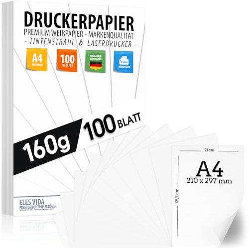 100 BLATT weißes Druckerpapier 160g/m² – PREMIUM PAPIER Reinweiß - DIN A4-21 x 29,7 cm - Druckerpapier Weiss unbedruckt für Fotografie, Präsentationen, Basteln, Bewerbungspapier - Made in Germany