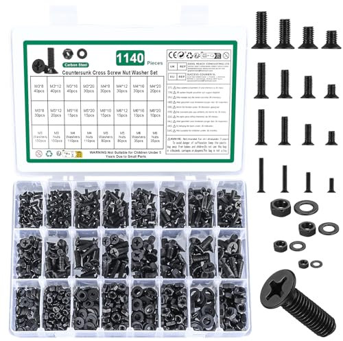 Juego de 1140 tornillos M3, M4, M5 y M6, tornillos de cabeza avellanada, juego de tuercas, tornillos de cabeza plana y tuercas, surtido de tornillos de máquina con arandelas (negro, M3 M4 M5 M6)