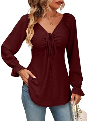 Atxnn Camicia Donna Elegante Blusa Donna Manica Lunga Backless Sexy V-Neck Top con Coulisse Regolabile Manica a Sbuffo Casual Pullover Maglia Jacquard Tunica Camicetta T-Shirt a Tinta Unita
