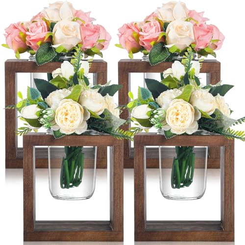 GlikCeil 4 Set Wooden Box for Centerpiece Rustic Wood Propagation Planter Box with Jars Wedding Table Vase Centerpiece Decorations Small Flower Pots Gifts for Windowsill Home Garden Decor