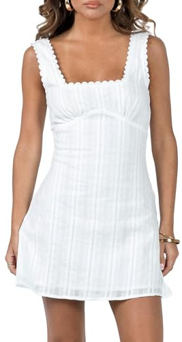 Cusghjbsg Womens Sleeveless Tank Dress Solid Color Lace Trim Strap Square Neck High-Waisted Ruffle Hem A-line Beach Short Mini Dress