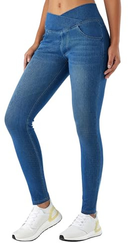 LaiEr Mujer Skinny Jeans V Cruzada de Cintura Alta Barriga Casual Fitness Leggings, Soft Stretch Casual Faux Denim Print Laterales Adecuado para Deportes y Ocio,con Bolsillos