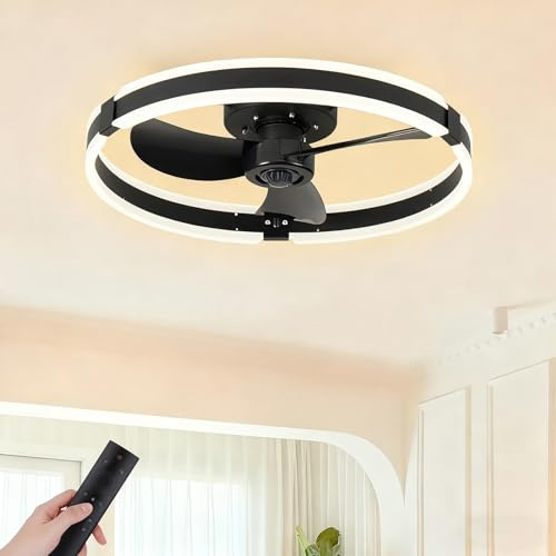 Ppeng 50cm Modern Ceiling Fan with Lights and Remote,Smart App Control,Dimmable LED Lighting，Reversible Fan,6 Quiet Speeds,Bedroom Living Room Wall Ceiling Plug-in Lamp (Black)
