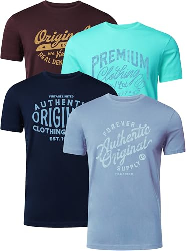 FULL TIME SPORTS Pack de 4 Camisetas Estampadas Hombre, Manga Corta, 100% Algodón, PRINT-002-PACK-3-L