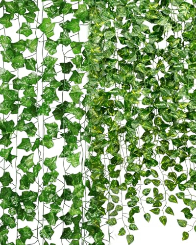 FUGLUS Lot de 10 Guirlandes de Lierre Artificiel, Longueur de 210cm,Vignes Faux Tombante Réalistes pour Décoration Chambre et Jardin Intérieure/Extérieure, Fausse Plantes en Plastique Vertes