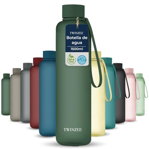 Twinzee Botella Agua 1,5 litro - Sin BPA & Antigoteo, Botella de Agua Deportiva, Oficina, Colegio, Gym, Cantimplora - Tritan Water Bottle, Verde Bosque