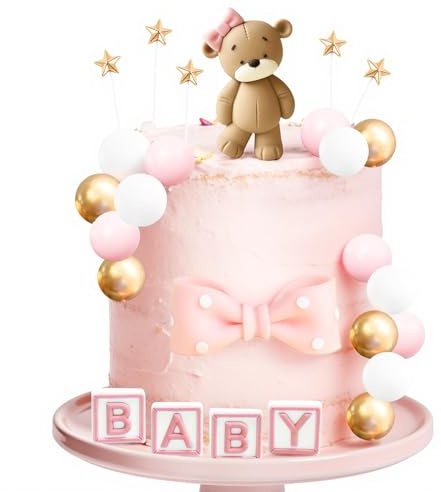 Decoracion Tarta Oso Set, 26 Piezas Cake Topper Mini Cumpleaños oso, Lindo Topper Tarta Osito con Lazo y Bola para Niños Fiestas de Cumpleaños accesorios (Rosa)