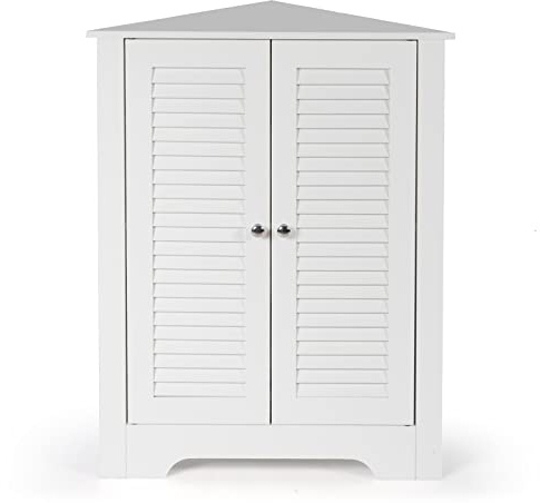 CASART Floor Storage Cabinet, Multipurpose Corner Shelf with Double Louver Cabinet Doors, Stand Organizer Cupboard Unit for Kitchen, Living Room, Bathroom and Hallway (White) | with Double Louver Cabinet Doors, Stand Organizer Cupboard Unit for Kitchen, Living Room, Bathroom and Hallway