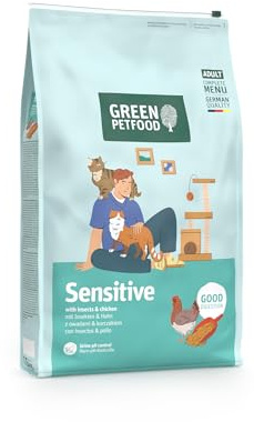 Green Petfood Cat Sensitive con insetti (1 x 7,5 kg), per adulti, cibo secco di alta qualità per gatti adulti, riso e proteine sostenibili degli insetti, senza cereali, monoproteine, confezione da 1