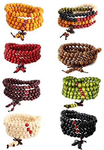 LOYALLOOK 8Pcs 108 Mala Bead Bracelets 8MM Tibetan Buddha Wood Beaded Sandalwood Link Wrist Necklace Chain Bracelets Multilayer Buddhist Prayer Strand Bracelet Meditation Necklace Elastic Chinese Knot