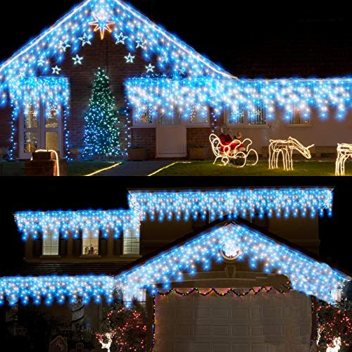 CORST 10M Icicle Lights Outdoor Christmas Light Plug in, Window Curtain Christmas Fairy Lights,Long Hanging Outside Ice Lights, 400LEDs Connectable with Remote Timer for Xmas,Eaves,Gazebo(Blue+White)
