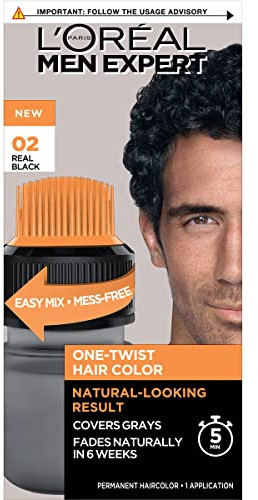 L’Oreal Paris Men Expert One Twist Mess Free Permanent Hair Color, Mens Hair Dye to Cover Grays, Easy Mix Ammonia Free Application, Real Black 02, 1 Application Kit