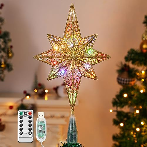 Lewondr Etoile Sapin de Noel, Topper Etoile de Bethléem Creuse pour Sapin de Noël à Piles avec Lumières LED + Minuterie, Decoration de Noel Intérieur & Extérieur pour Maison Salon Chambre Jardin - Or