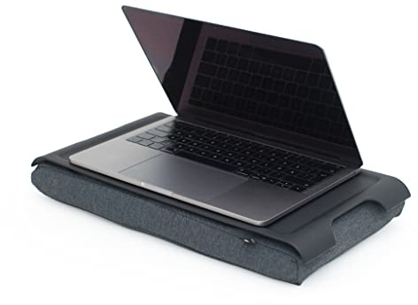 Bosign. Bandeja para portátil con cojín de puf, escritorio portátil para laptop, desayuno, cena, bandeja antideslizante. Funda de cojín lavable extraíble Bandeja negra mate. Cojín gris MINI (43 x 23