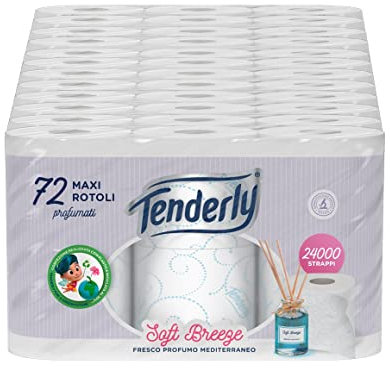 Tenderly Soft Breeze, 72 Maxi-Rollen aus weichem Toilettenpapier, 2-lagig, 330 Abreißen pro Rolle, geeignet für empfindliche Haut, dermatologisch getestet, hergestellt in Italien