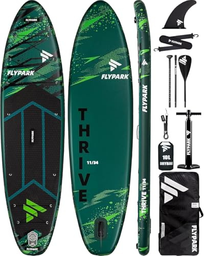Flypark 11'x34 Inflatable Paddle Boards, Extra Wide SUP for 420lbs/3Adults, Yoga Stand Up Paddle Board, 110L Backpack, 15 D-Rings, Shoulder Strap, US-Fin, 2-Action Pump, Thrive-Green