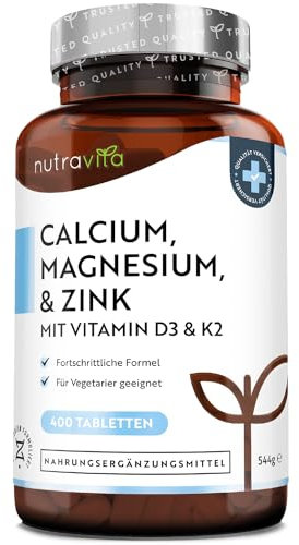 Calcium Magnesium Zink - 400 Hochdosiert vegetarische Tabletten (6 Monate) - Magnesiumoxid mit Vitamin D3, K2, Selen, Mangan - Komplex mit 600mg Kalzium pro Tagesdosis - Knochen + Muskeln - Nutravita