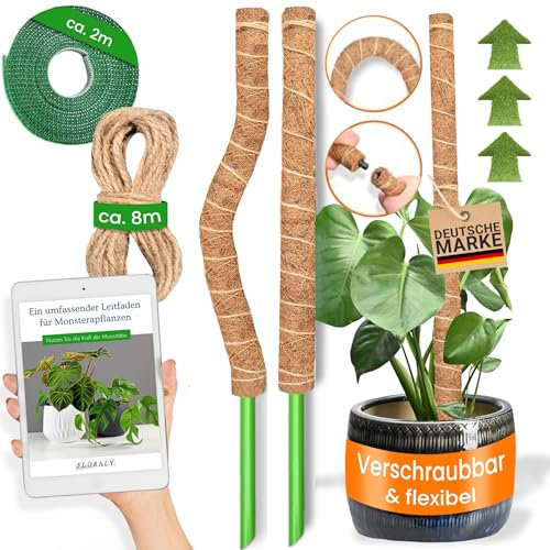 FLORALY 2X Rankhilfe Moosstab f. Monstera-Pflanzen + Klettband | bis 70cm biegsamer Rankstab Kokos Moss Pole Rankhilfe Pflanz-Stab | stapelb. Moosstäbe Stütze Zimmerpflanzen Kletterpflanzen Monstera