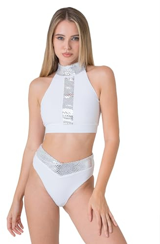 Invertika Completo Top - Slip Donna, Intimo Sportivo Pole Dance Abbigliamento da Allenamento Fitness Ginnastica Yoga Made Italy (BIANCO E ARGENTO, XS)