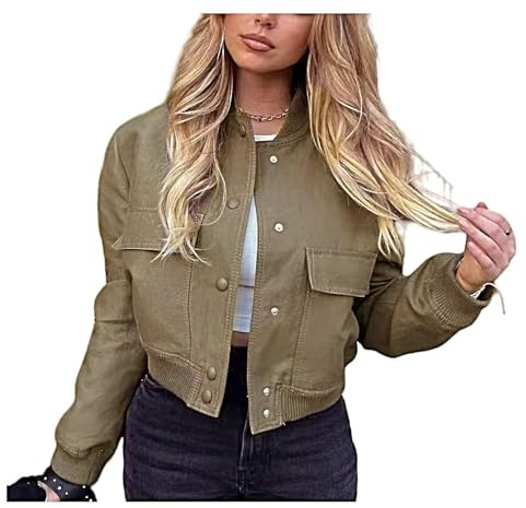 Veste de Baseball pour Femme Blouson Court Décontracté Fashion Classics Button Down Cropped Bomber Jacket Varsity Sweat Jacket Veste Ladies with Pockets pour Automne et PrintempsVert Militaire M
