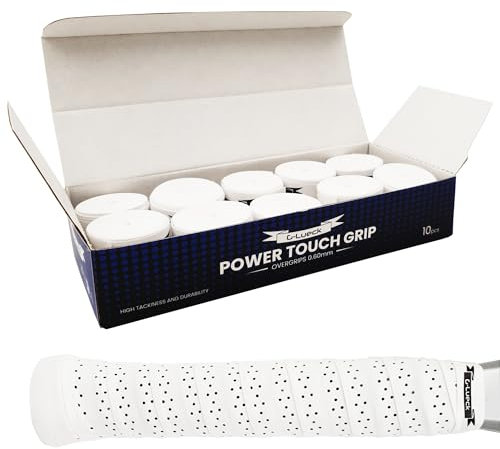 G-Lueck 10er Set Tennis Premium Overgrip Power Touch mit Perforation - Hoher Grip, Lange Haltbarkeit - 0,60mm Stärke | Griffband für Padel, Squash, Badminton Schläger | perforiert (Weiß)