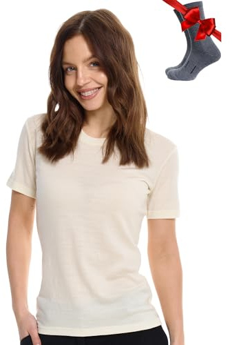 100% Merino Damen T Shirt und Wandersocken (Large, Creamy White)