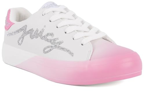 Juicy Couture Women's Platform Sneaker Glitter Script Logo – Casual Lace-Up Shoes for Everyday Style - Aurelie, White Pink, 7.5 UK