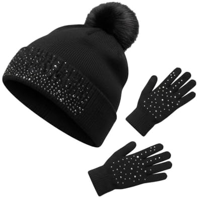 A2Z Damer Hatt Handskar Stickad Mössa Pom Pom Uppsättning Lättvikt Elastisk - Hat LH1207 Black One Size