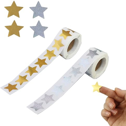 EASYKEENECOM Guldstjärnor och silver stjärnor, rulle 2,5 cm, 1000 st, glänsande etiketter, jul stjärnor, gnistrande klistermärken, stjärnklistermärken, glitter dekoration