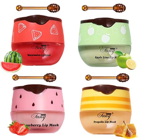 GWAWG Lip Sleeping Mask, 4 Stück Lippenmaske, Mini-Lippenbalsam für Spröde, Rissige, Trockene Lippen für Frauen und Männer (Honig Erdbeere Apfel-Limette Wassermelone)