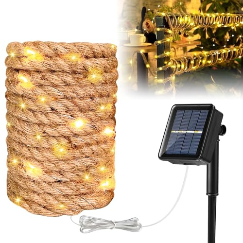 Catena luminosa solare da giardino, 7 m, catena luminosa a energia solare, per esterni, con 100 lampadine, 8 modalità vintage, corda di canapa, per feste, matrimoni, decorazioni da giardino