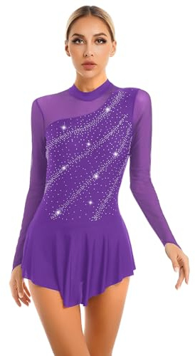 Runhomal Mujer Strass Vestido de Patinaje Artístico Adulto Mangas Largas Leotardo Gimnasia Ballet Vestido de Baile Salsa Latina Rumba Traje de Baile Lírico S-XXL, morado, L