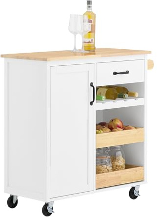 SoBuy Köksvagn på Hjul - Köksskåp med Bänkskiva i Gummiträ, Fristående Köksenhet för Matsal och Kaffestation, 92 x 42 x 87 cm, Vit FKW131-WN