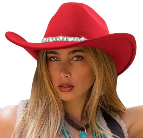 DRESHOW Western Cowboyhatt Kvinnor Män Bred Brätte Strass Filt Fedora Hut | Glitterband med Strass, Traditionell Westernstil, Cowgirlhatt för Fest, Kostym, Cosplay, Vardagsbruk