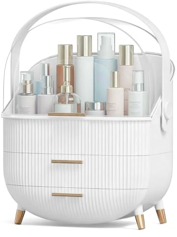 ilus Makeup Storage Organizer with Drawers, Cosmetics Storage Box with Transparent Cover & Handle – Large Capacity, Portable Skincare Storage for Vanity, Bathroom & Countertop (White)
