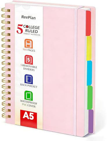 ReePlan A5 Spiral Notebook, 360 Pages College Ruled with 5 Removable Dividers, 100 GSM Thick Paper Journal, Multi-Subject Note Book for School, Office and Daily Writing (Pink)