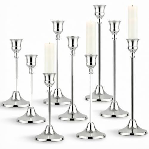 Demlaka 9 stycken ljusstakar, kandelaber stavljus 15/19/23 cm, 3 olika ljushållare silver, vintage ljushållare, höga och korta ljushållare för bröllop, fester, middagar