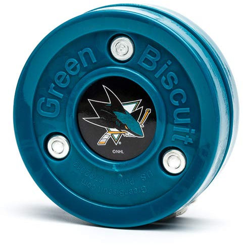 Green Biscuit NHL Pucks - San Jose Sharks - Hockey Training Puck, Stays Flat, Passing/Handling Street Hockey