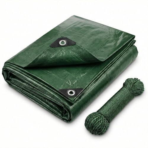 CoverUp! Abdeckplane 4x6 m Grün (120 g/m²) – Wasserfest & UV‑stabilisiert, reißfest mit verstärkten Gummiecken & Alu‑Ösen, inkl. 22 m Seil – für Garten, Camping, Holz, Auto