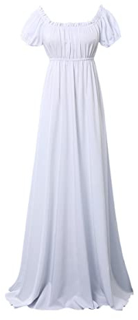 COSDREAMER Robes Regency pour Femme à Manches Bouffantes à Volants et Taille Empire, Blanc, L