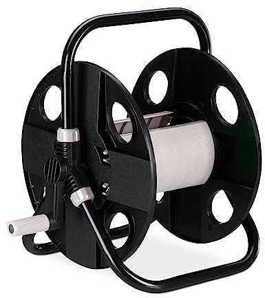 Relaxdays Schlauchtrommel, für 30 m 1/2 Schlauch, Stahl, Kunststoff, Schlauchhalter, HBT: 38 x 42 x 31 cm, schwarz-grau
