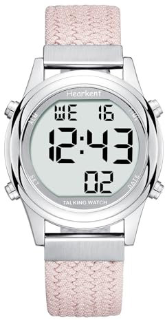 Hearkent Digitale sprechende Uhr für Damen mit Deutscher angenehmer Stimme LCD große Zahlen Uhr für Sehbehinderte, ältere oder Blinde Menschen (pink)