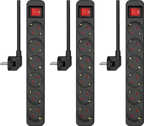 3-er Set ELRO ES106 6-Fach Steckdosenleiste mit Schalter und 1,5m Kabel – Kindersicherung – Schukostecker – max. 3680 W – TÜV-geprüft - Schwarz