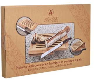 Tagliere in bambù Laguiole Heritage con coltello da pane - Set premium in acciaio inox e bambù - Raccoglibriciole integrato - Perfetto per pane, baguette e pasticceria