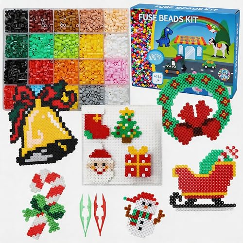 Christmas Fuse Beads for Kids Craft Art, 7000PC 5MM Melty Beads Set, Iron Melting Beads Craft Kit with Pegboards, Ironing Paper and Chain Accessories for Kids Boys Girls Christmas Birthday Gift