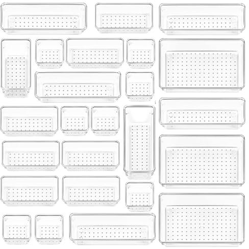 Lot 25 Organisateurs Tiroirs Plastique Transparent avec 4 Tailles, Boîtes Rangement Diviseur Bijoux Cosmétiques, Plateaux Papeterie Ustensiles Cuisine, Organisateur Tiroir pour Salle Bain, Bureau