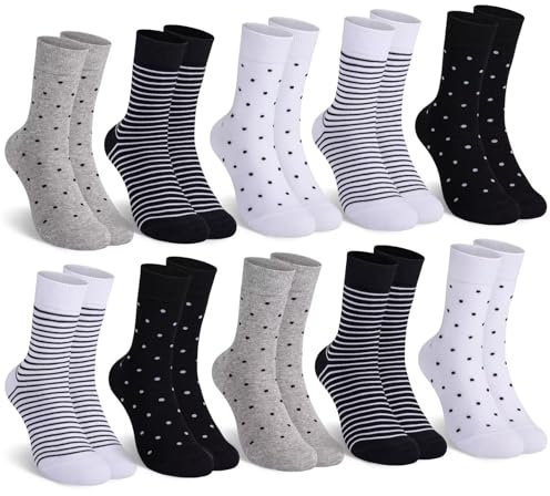 Mowenti socken damen 39-42 sportsocken strümpfe socks Damensocken bunte schwarz Streifen Punkte baumwollsocken 10 Paar 2x Weiß 2x Schwarz 1xGrau